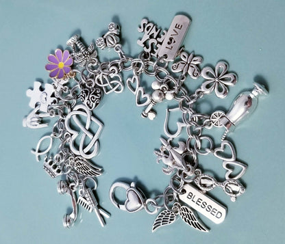 8 Inch Chunky Charm Bracelet -Loaded with Charms -Blessed -Best Friends -Hearts -Brush Comb