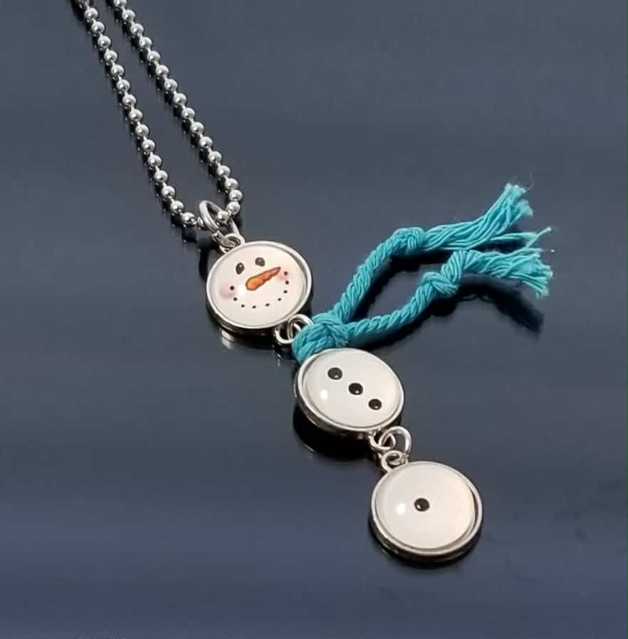 Snowman Charm Necklace with Heart Toggle - Glass Cabochon Winter Jewelry