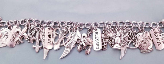 Size 7.5 - 19cm /Chunky Silver Bracelet /Armor of God /Lots of Charms /Believe