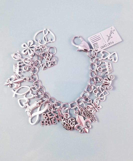 Chunky Charm Bracelet - Silver Heart Clasp - Loaded with Charms