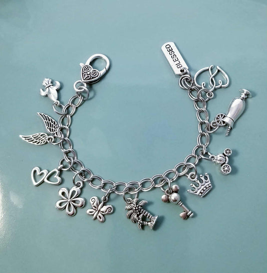 Chunky Charm Bracelet /Silver Chunky Bracelet /Heart Lobster /Hearts Blessed 7.5