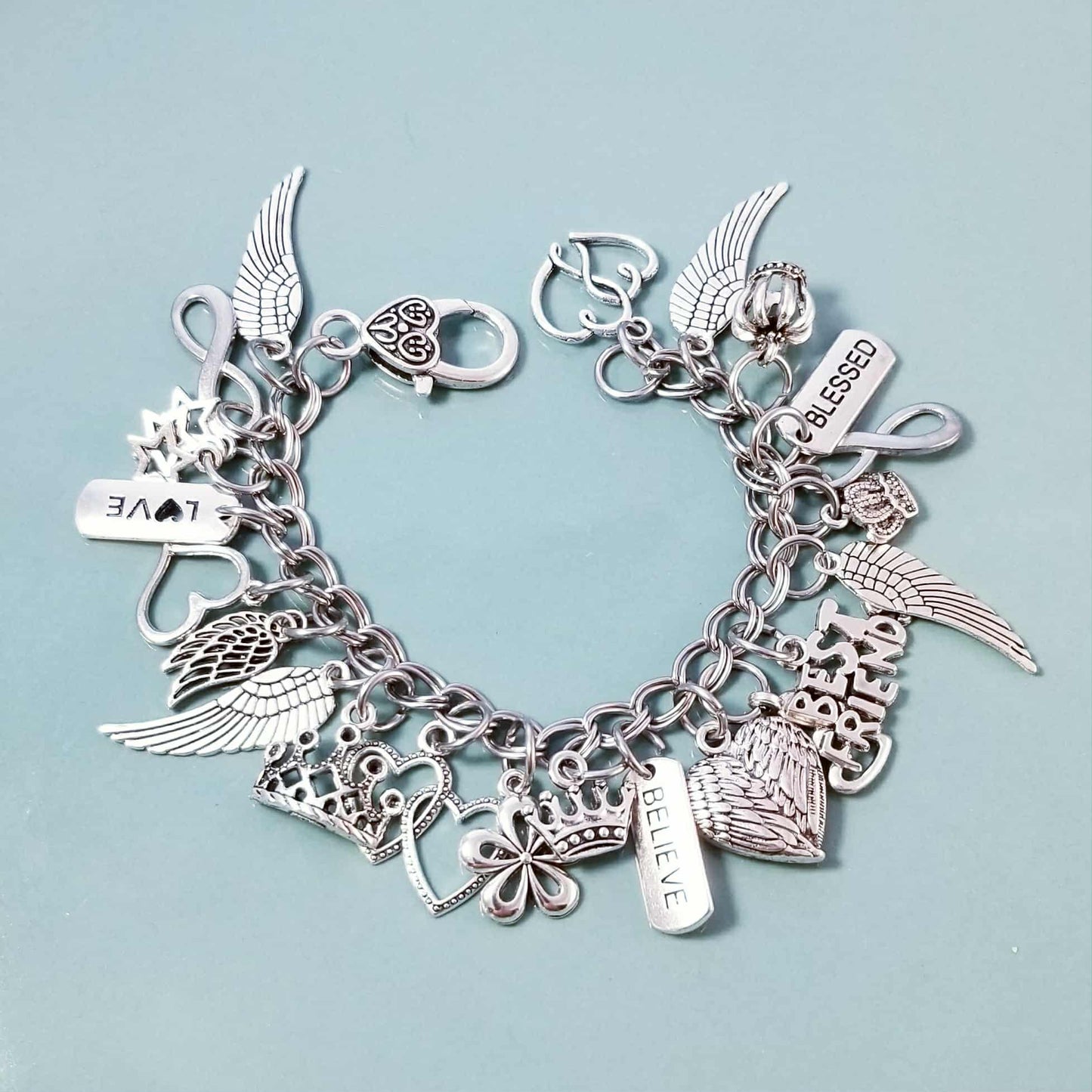 Chunky Charm Bracelet with Lots of Charms /Angel Wings / Entwined Hearts /7 In