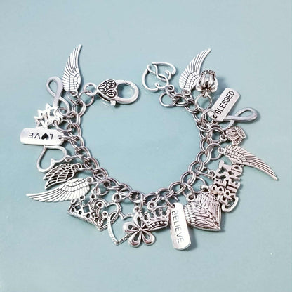 Chunky Charm Bracelet with Lots of Charms /Angel Wings / Entwined Hearts /7 In