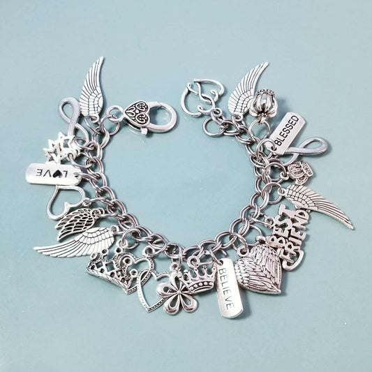 Chunky Charm Bracelet with Lots of Charms /Angel Wings / Entwined Hearts /7 In