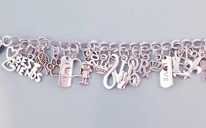 Size 6.5 - 17cm Chunky Silver Bracelet /Best Friends /Rock On Charm /Heart