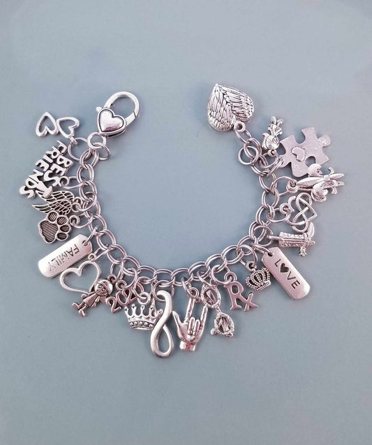 Size 6.5 - 17cm Chunky Silver Bracelet /Best Friends /Rock On Charm /Heart