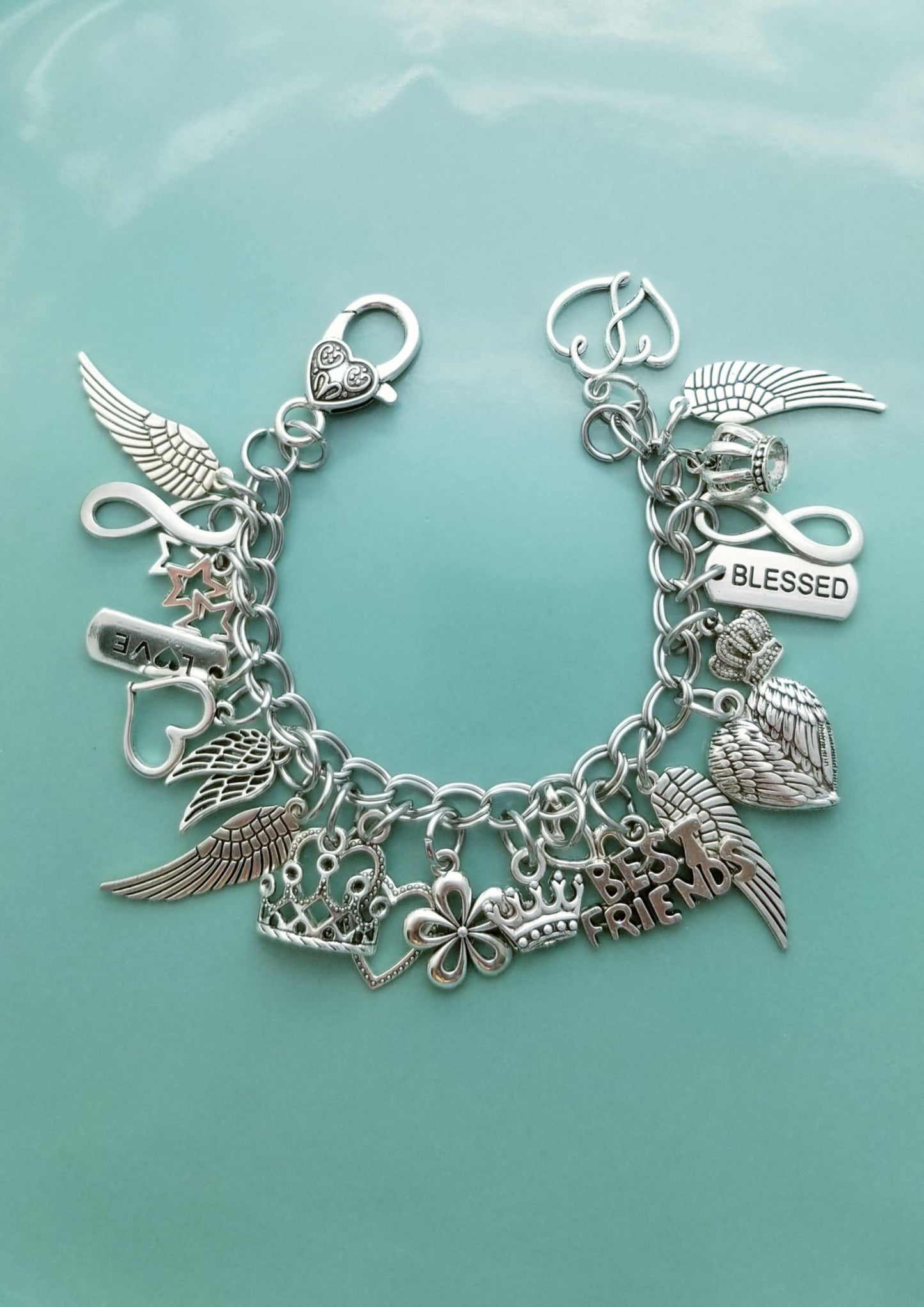 Size 7 18cm Chunky Charm Bracelet with Lots of Charms /Entwined Hearts /