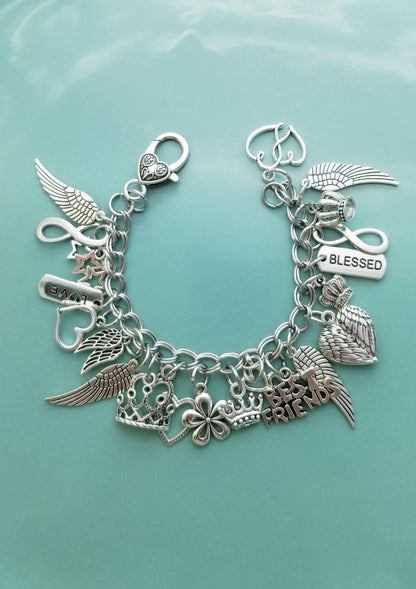 Size 7 18cm Chunky Charm Bracelet with Lots of Charms /Entwined Hearts /