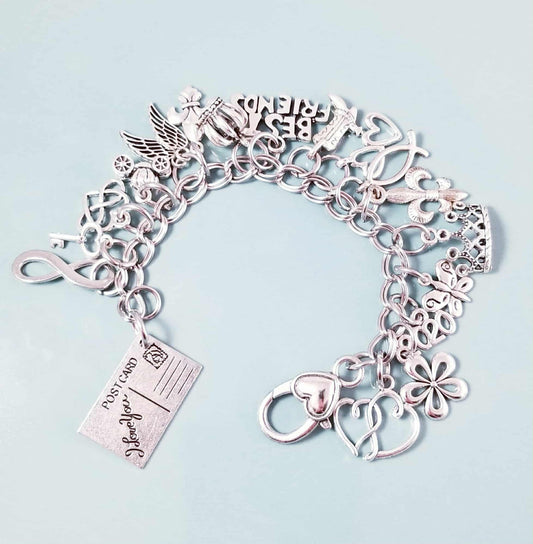 Chunky Charm Bracelet for Women - Loaded with Hearts, Crowns & Best Friend Charms - Stainless Steel Jewelry Gift 6 In