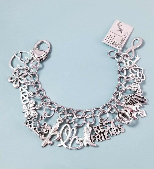 Chunky Charm Bracelet for Women - Loaded with Hearts, Crowns & Best Friend Charms - Stainless Steel Jewelry Gift