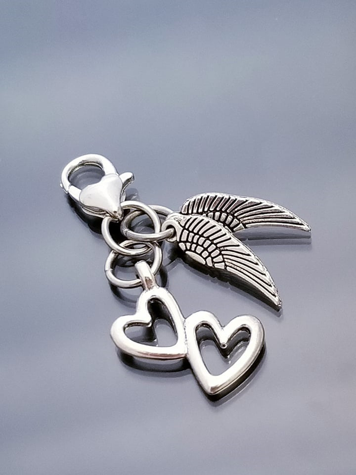 Double Hearts and Angel Wings Charm with Heart Lobster Clasp Clip On Purse Planner