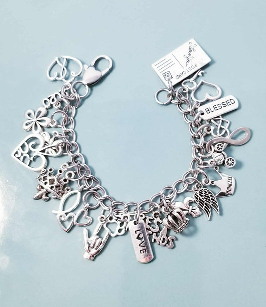 Chunky Charm Bracelet /Charm Bracelet /Charms on Bracelet /Dangle Charms /Clipon Bracelet /Heart Lobster Clasp /Silver Charm /Postcard 7.5