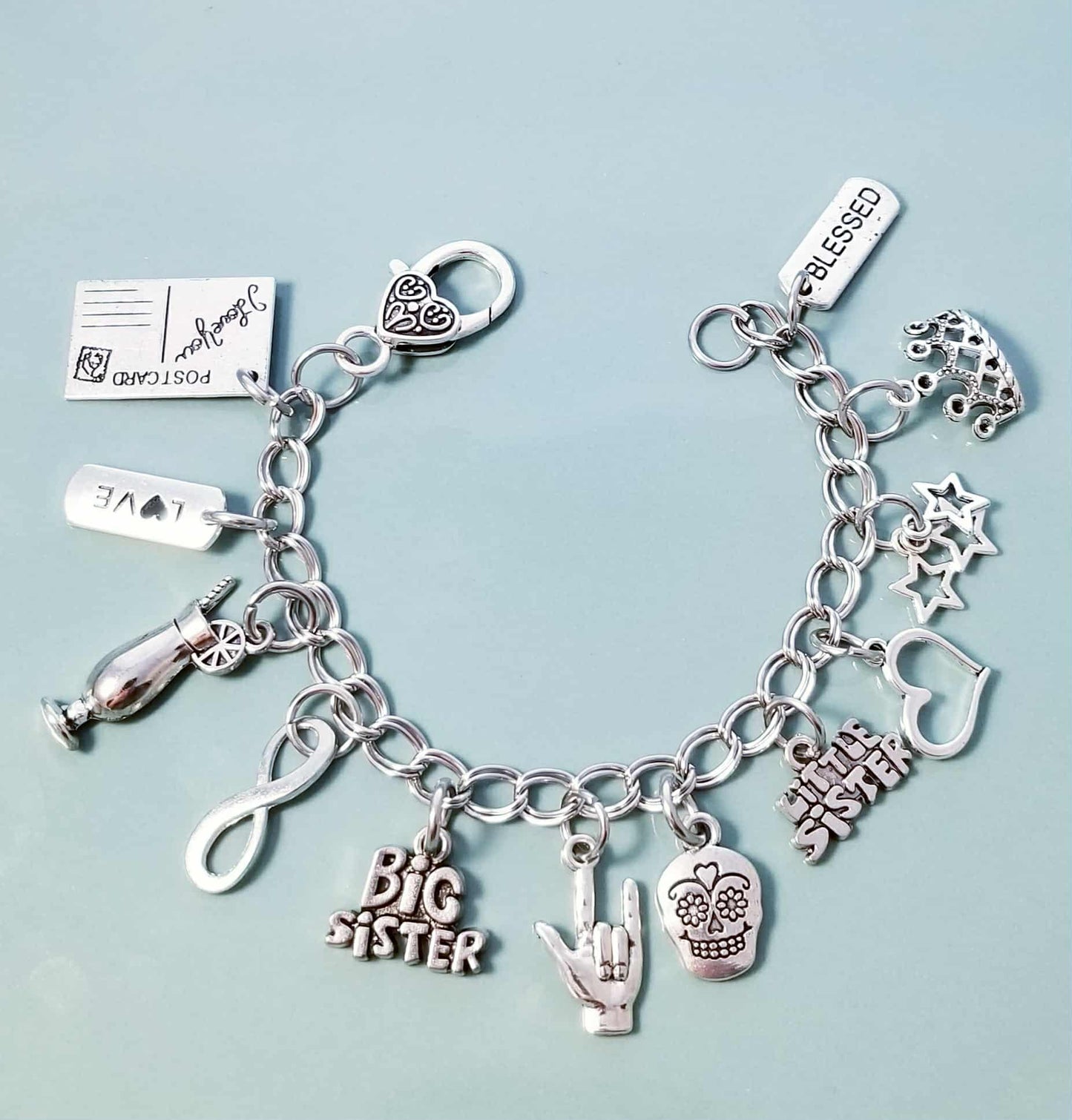 Chunky Charm Bracelet /Silver Chunky Bracelet /Heart Lobster /Sister Blessed 7.5