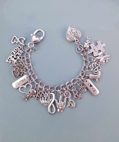 Size 6.5 - 17cm Chunky Silver Bracelet /Best Friends /Rock On Charm /Heart