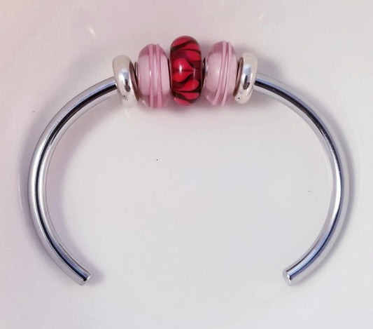 Silver Bangle /Pink & Red Hearts Glass Murano /Big Hole Beads /Beaded / Fit Pandora /8 Inch