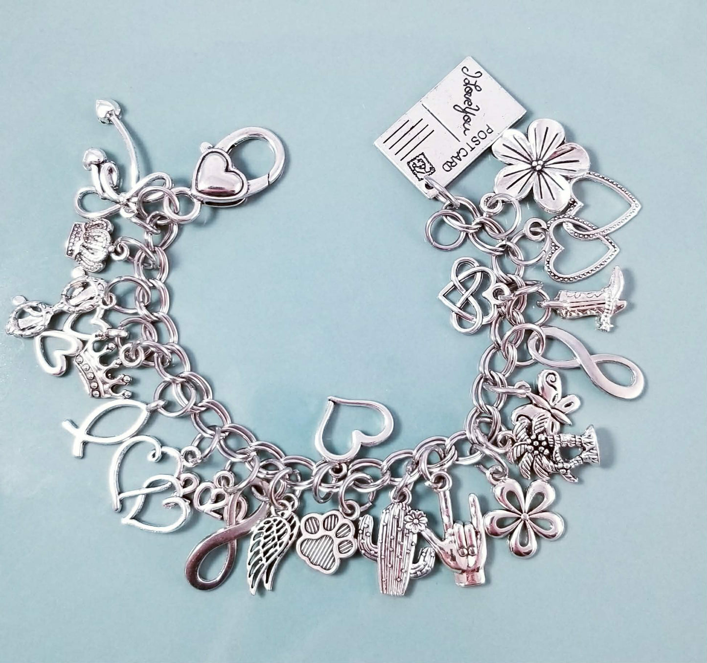 Chunky Charm Bracelet 7.5" - Stainless Steel Double Link with Removable Heart Clasp Extender