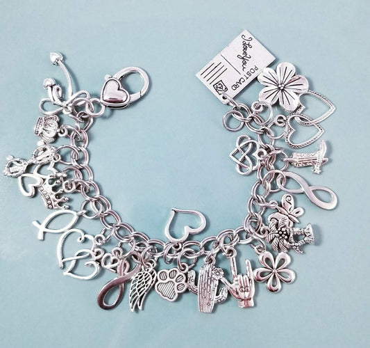 Chunky Charm Bracelet 7.5" - Stainless Steel Double Link with Removable Heart Clasp Extender