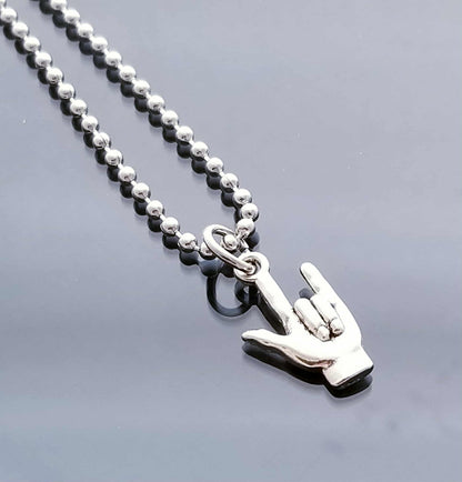 ASL Sign Language Necklace - I Love You Hand Sign Charm - 23.6" Silver Ball Chain - Deaf Culture Gift
