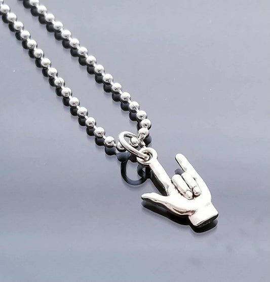 ASL Sign Language Necklace - I Love You Hand Sign Charm - 23.6" Silver Ball Chain - Deaf Culture Gift
