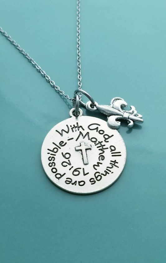 With God All Things Are Possible /27 Inch Necklace with Charms /Fleur de Lis