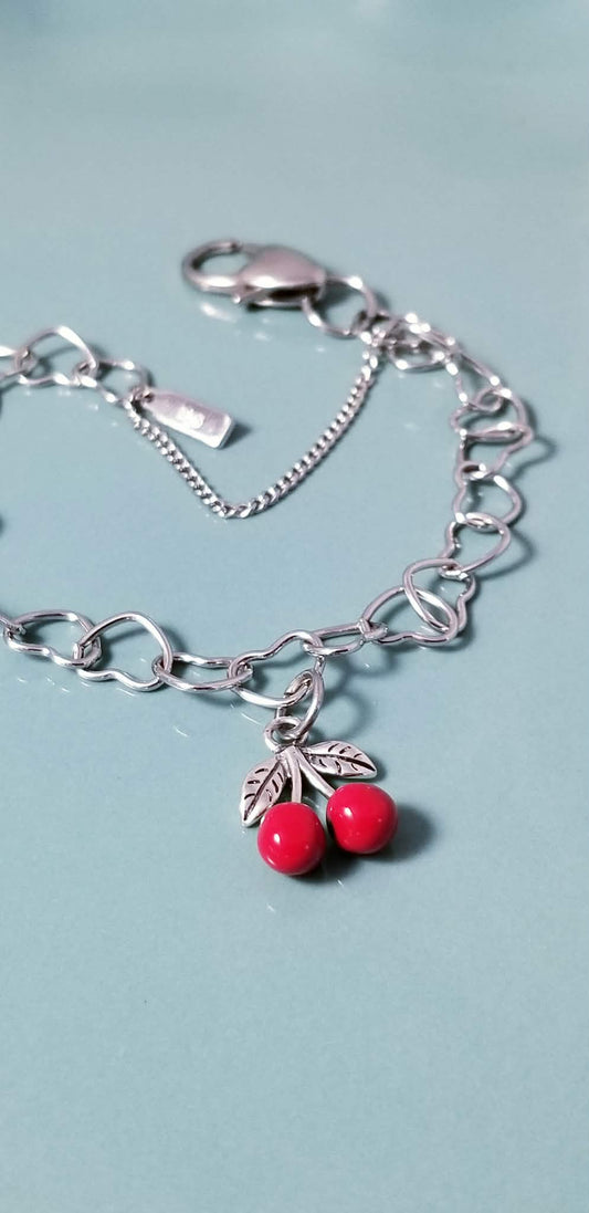 Red Cherry Charm - Sterling Silver 925 Clip-On