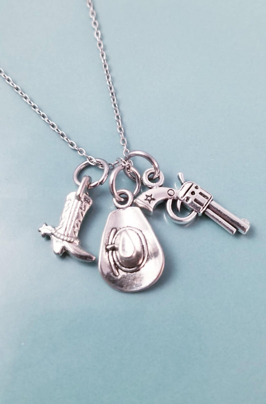 Charm Necklace/ Boot Hat & Gun Charms /Silver Dangle Charms /27 Inch Chain