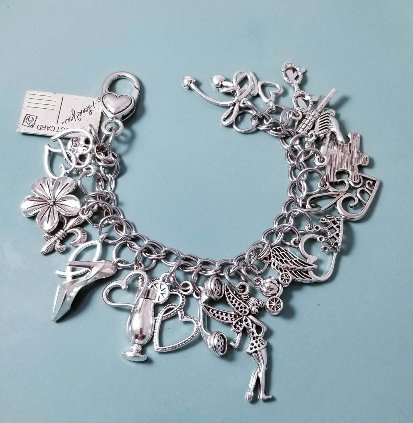 6.5 In Chunky Charm Bracelet - Silver Charm Bracelet Loaded with Lots of Charms - Princess - Angel Wings - Hearts - I Love You -Bow