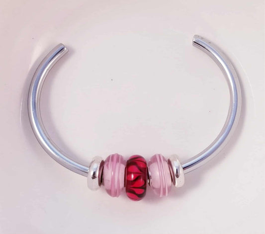 Silver Bangle /Pink & Red Hearts Glass Murano /Big Hole Beads /Beaded / Fit Pandora /8 Inch