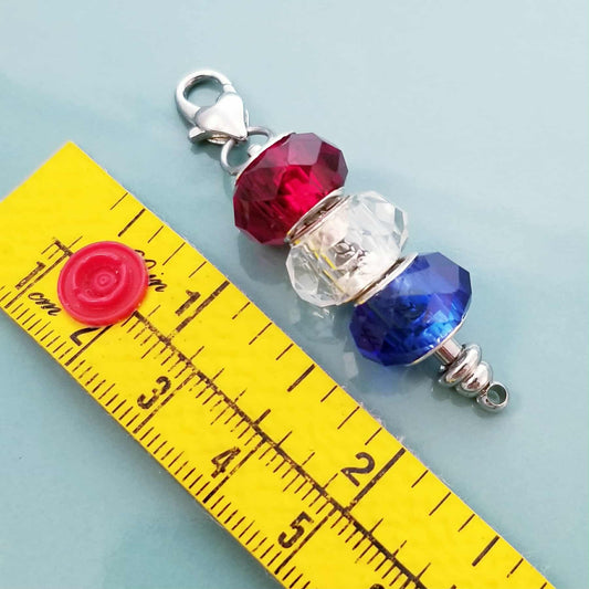 USA Patriotic Charm with Heart Lobster Clasp - Red White Blue Faceted Glass