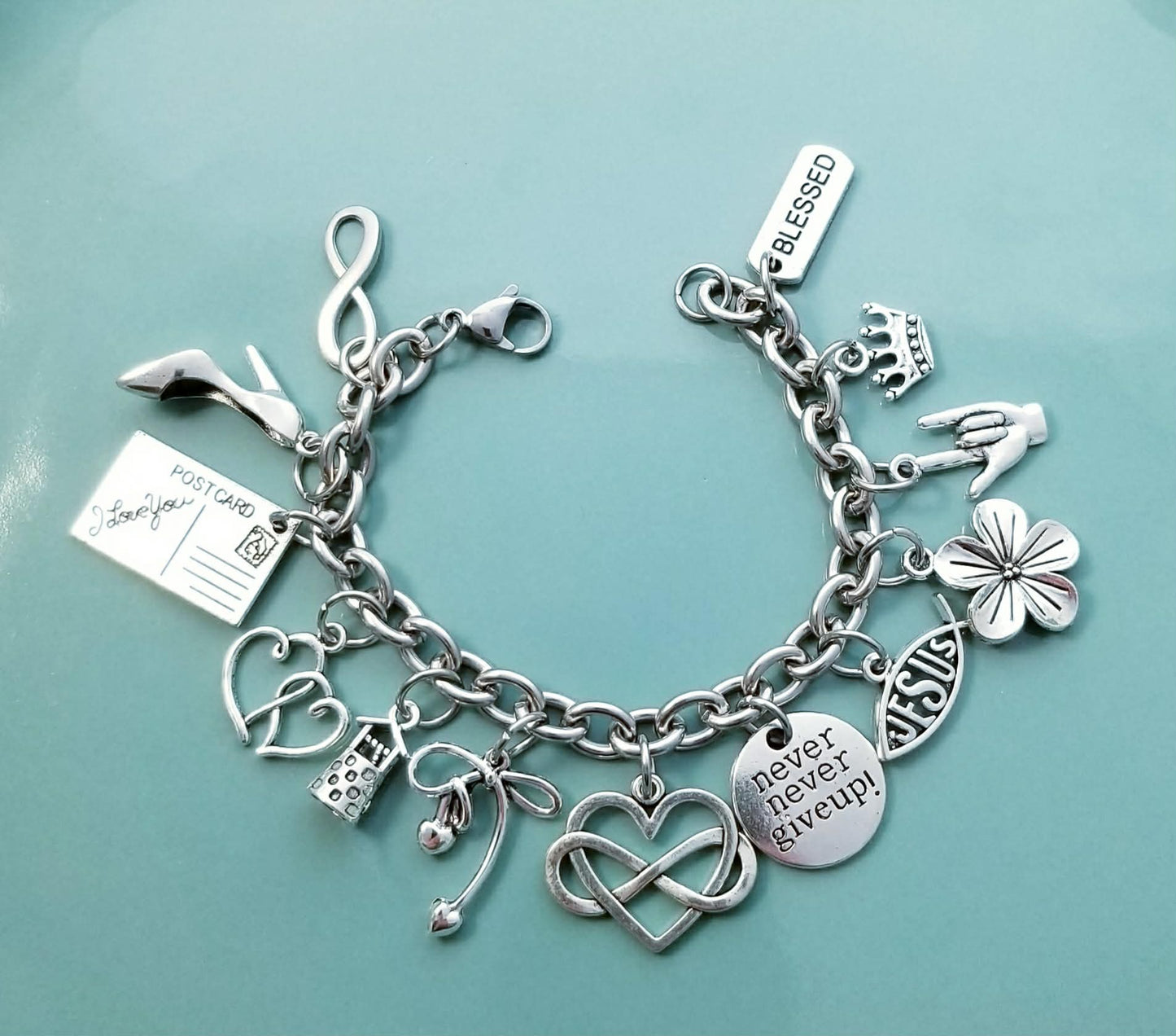 7.5" Chunky Charm Bracelet - Tell Your Story -Hearts -High Heel -Crown -Blessed