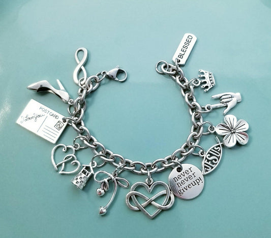 7.5" Chunky Charm Bracelet - Tell Your Story -Hearts -High Heel -Crown -Blessed