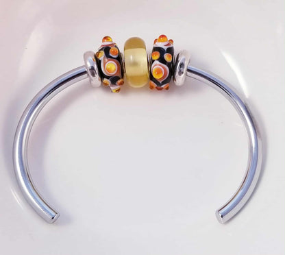 Silver Bangle /Black Orange and Yellow Glass Murano /Big Hole Beads /Beaded / Fit Pandora /8 Inch