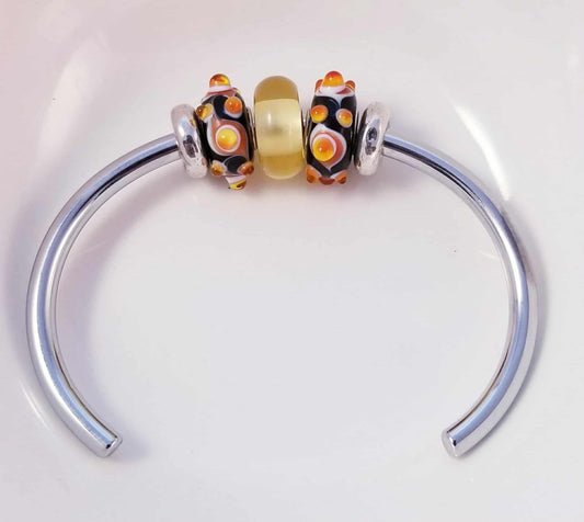 Silver Bangle /Black Orange and Yellow Glass Murano /Big Hole Beads /Beaded / Fit Pandora /8 Inch