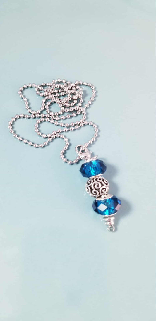 Silver Scroll Swirl Charm Blue Cyan Faceted Glass - Heart Lobster Clasp