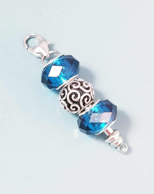 Silver Scroll Swirl Charm Blue Cyan Faceted Glass - Heart Lobster Clasp