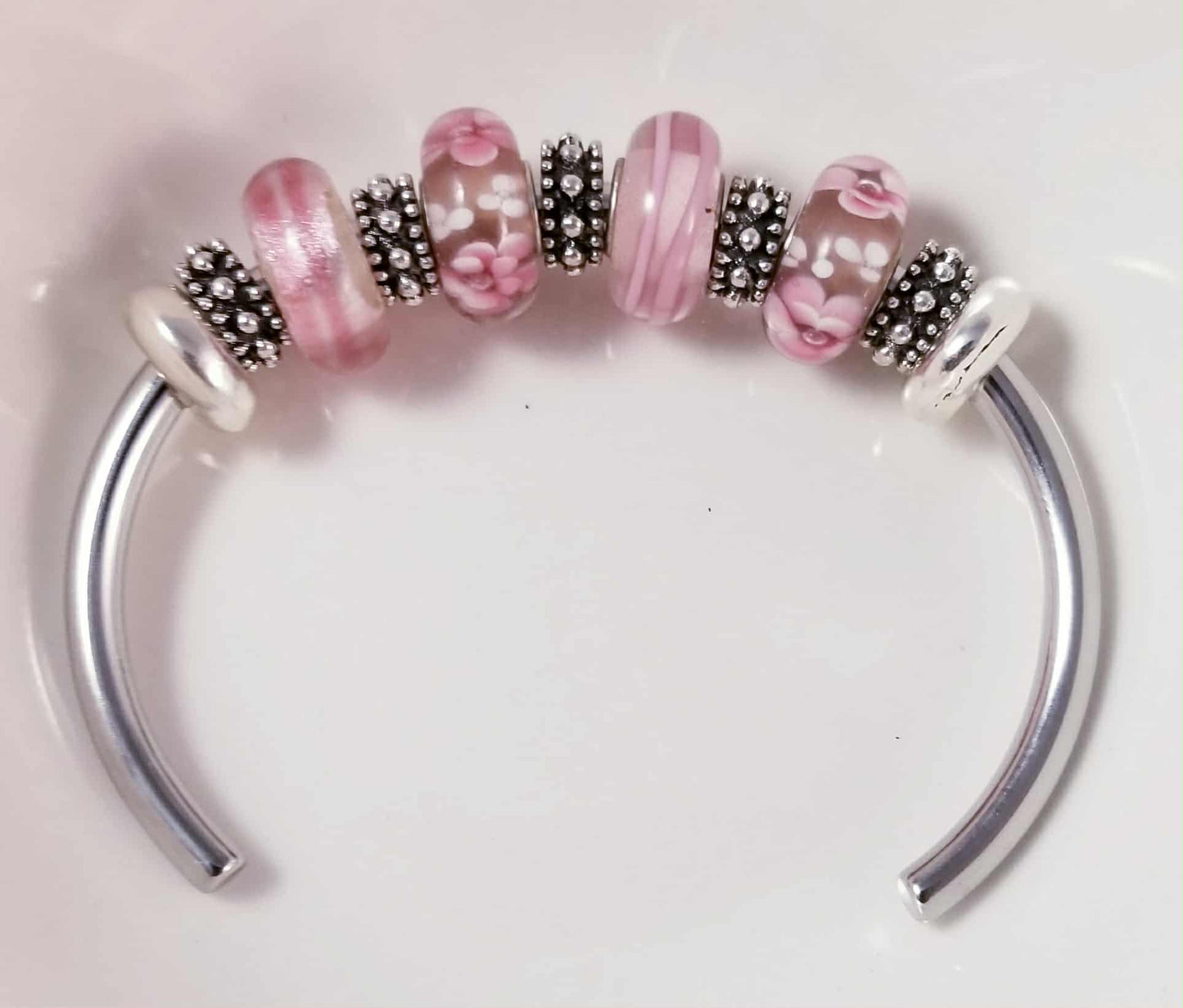 Silver Bangle /Pink Glass Murano /Big Hole Beads /Beaded / Fit Pandora /8 Inch