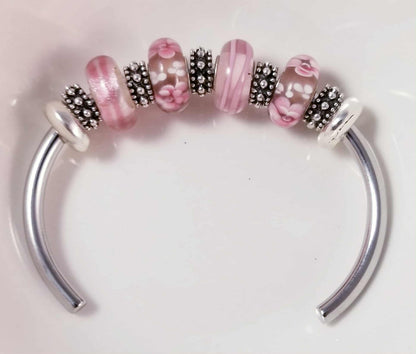Silver Bangle /Pink Glass Murano /Big Hole Beads /Beaded / Fit Pandora /8 Inch