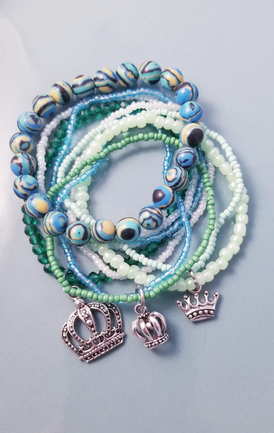 Ocean Royalty Stretch Bracelets - Blues, Greens & Mint with Crown Charms
