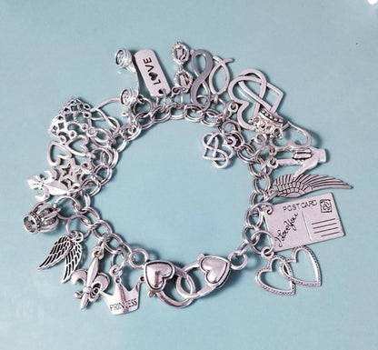 Princess Charm Stainless Steel Bracelet with Heart Lobster Clasp - 8 Inch