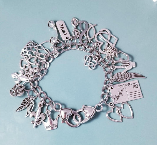 Princess Charm Stainless Steel Bracelet with Heart Lobster Clasp - 8 Inch