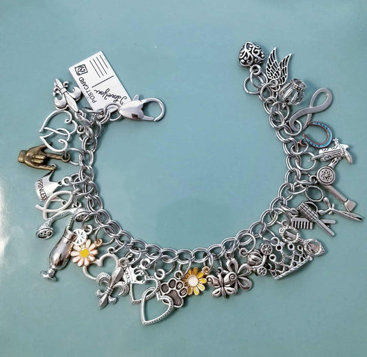 Chunky Charm Bracelet/Chunky Silver Bracelet /Heart Lobster Clasp /Loaded Lots of Charms /Fun Dangle Charms Flowers Princess Hearts 8.5 In
