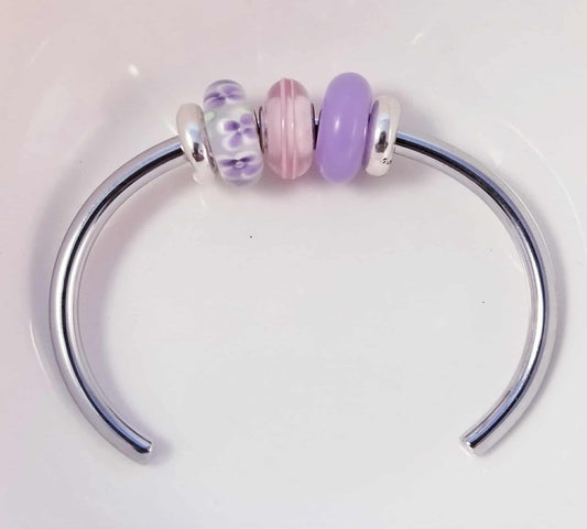 Silver Bangle /Purple Pink Glass Murano /Big Hole Beads /Beaded / Fit Pandora /8 Inch