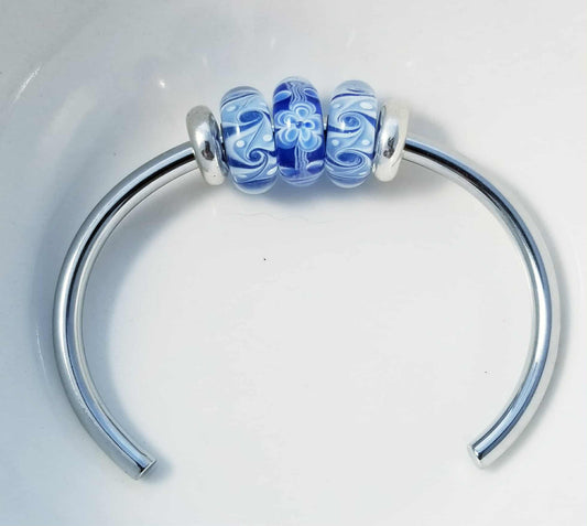 Silver Bangle /Blue Glass Murano /Big Hole Beads /Beaded / Fit Pandora /8 Inch