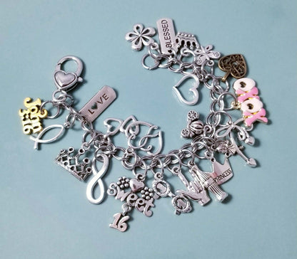 Blessed & Beautiful Sweet 16 Size 7" Chunky Charm Bracelet - Stainless Steel Double Link with Heart Clasp -Flower