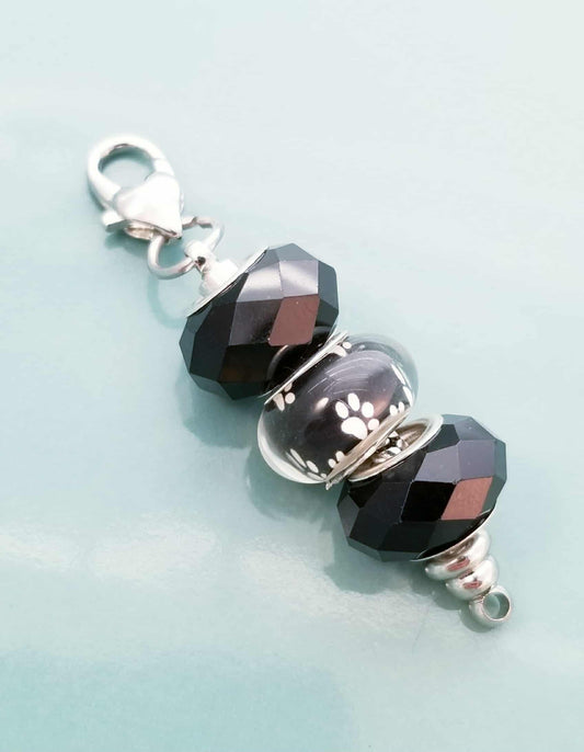 Black Paw Print Charm with Heart Lobster Clasp - Pet Lover Charm