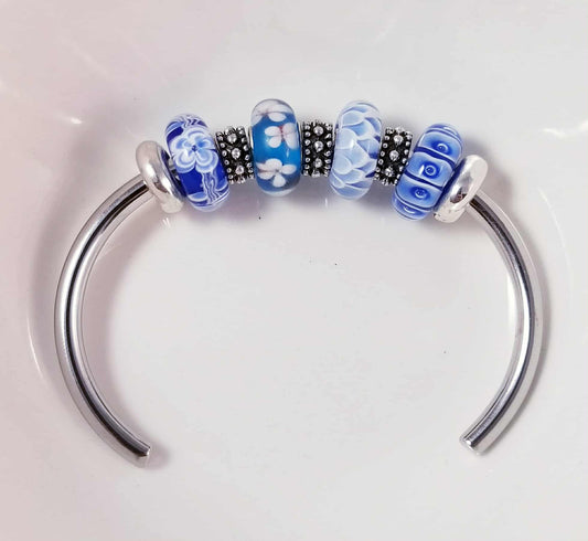 Silver Bangle /Blue Glass Murano /Big Hole Beads /Beaded / Fit Pandora /8 Inch