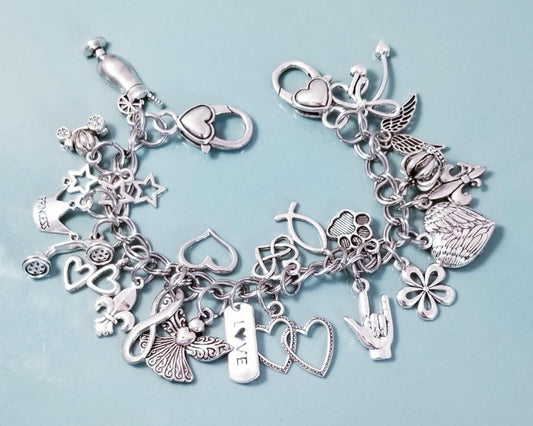 Sz 8 Inch Stainless Steel Charm Bracelet with Heart Clasp – Princess & Love Loaded Charm Collection