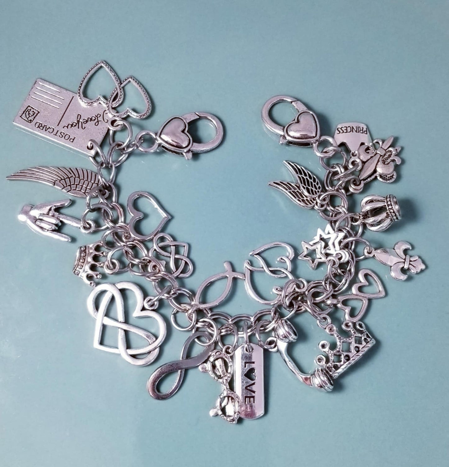 Princess Charm Stainless Steel Bracelet with Heart Lobster Clasp - 8 Inch