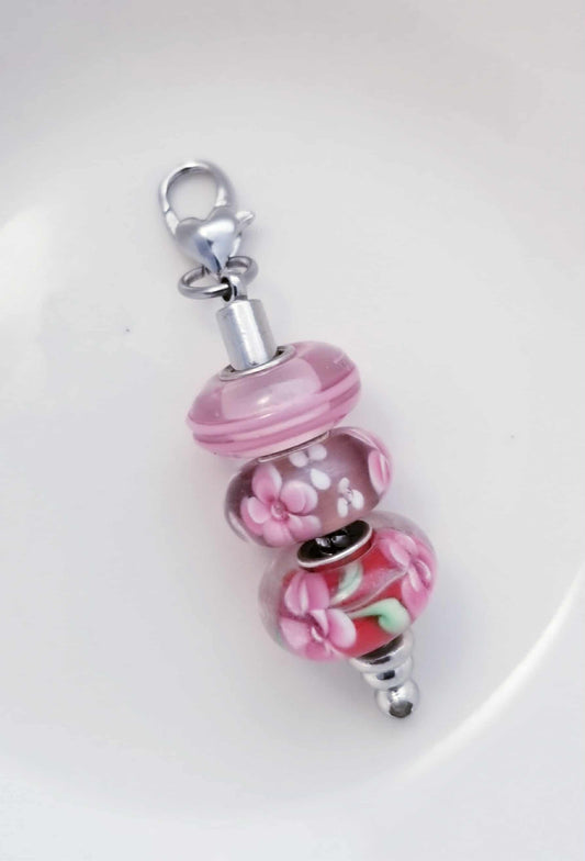 Red & Pink Floral Purse Charm with Ribbon - Romantic Clip-On Accessory