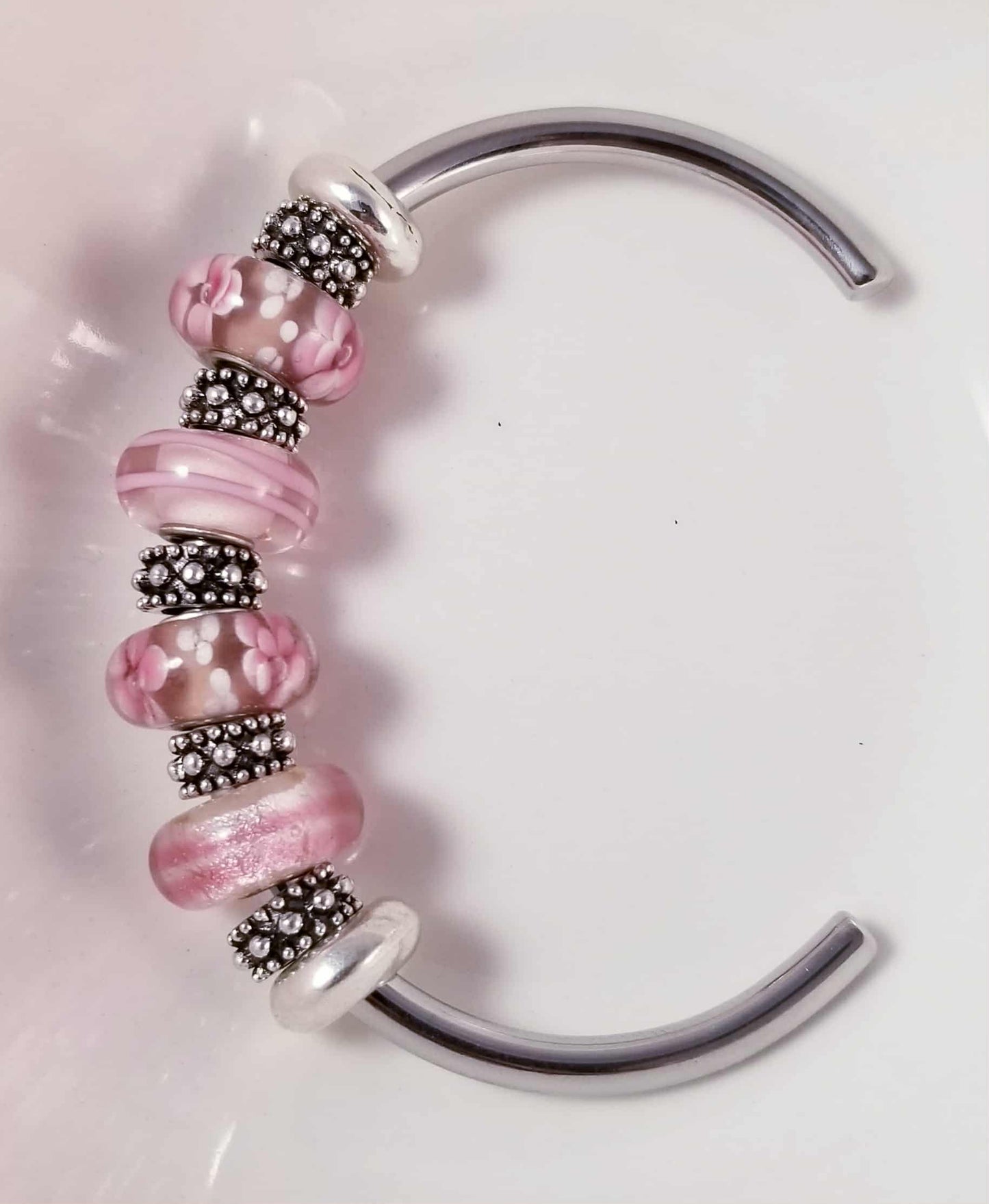 Silver Bangle /Pink Glass Murano /Big Hole Beads /Beaded / Fit Pandora /8 Inch